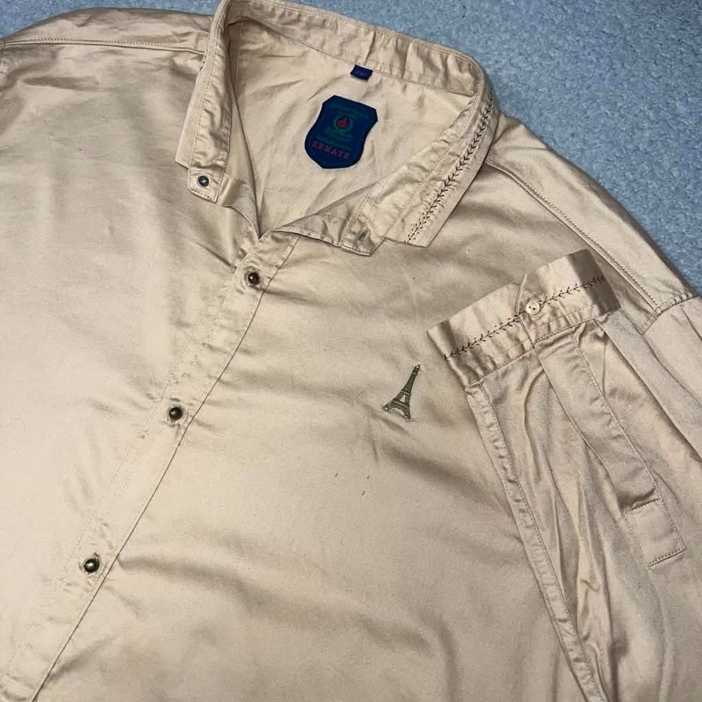 VTG Senate Shirt Men's Sz 2XL XXL Khaki Eiffel Tower Charm Brass Button Down 90s
